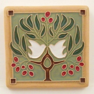 Lovebirds Tile (Sage) 4" x 4" by Art and Craftsman Tileworks