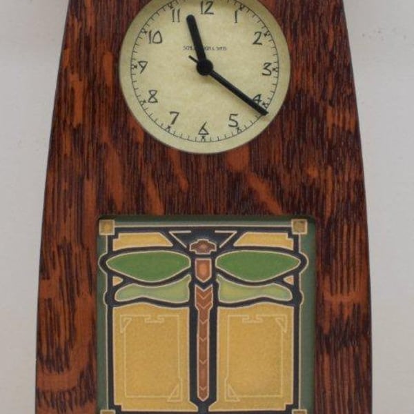 Arts and Crafts Clock in Craftsman Oak Finish with 4x4 Arts and Craftsman Tileworks Dragonfly tile Jade