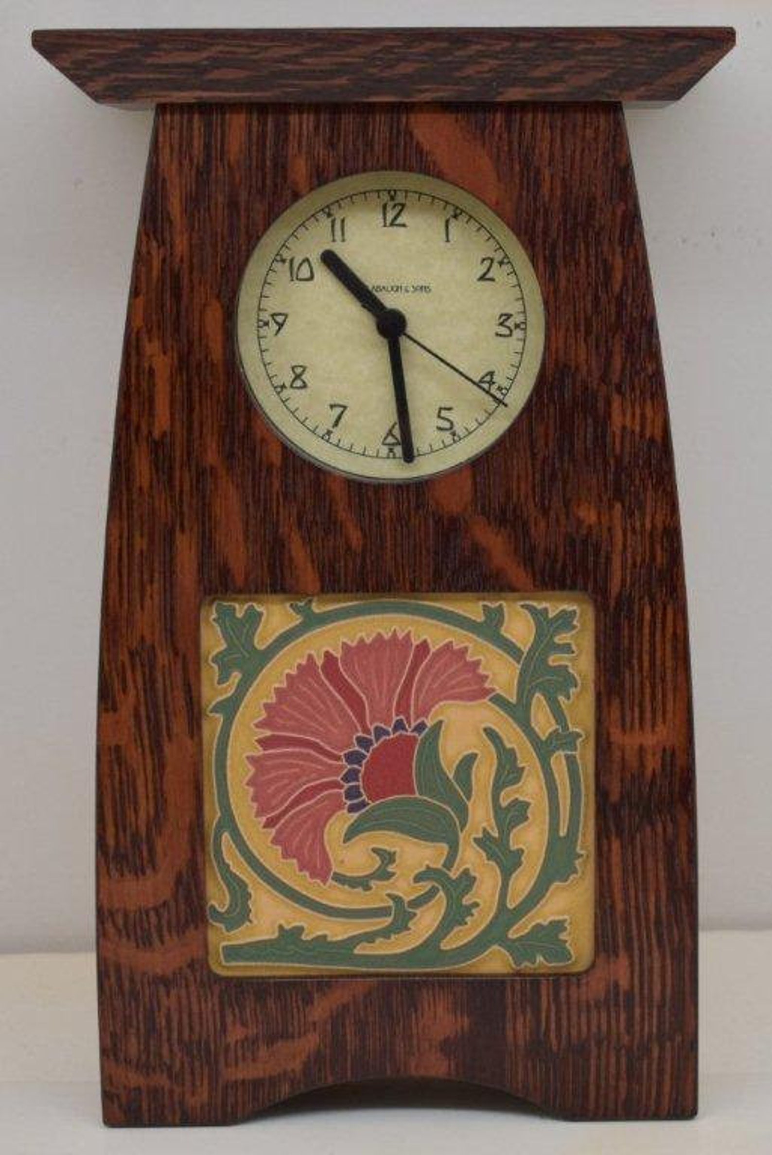 Arts and Crafts Clock in Craftsman Oak Finish With 4x4 Arts and Craftsman Tileworks Carnation