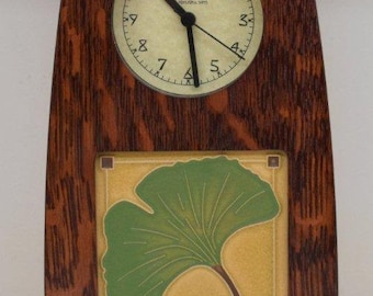 Arts and Crafts Clock in Craftsman Oak Finish with 4x4 Arts and Craftsman Tileworks Gingko Spring