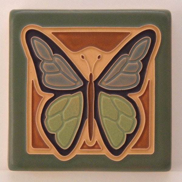 Butterfly Tile (Blue/Green) 4" x 4" by Art and Craftsman Tileworks