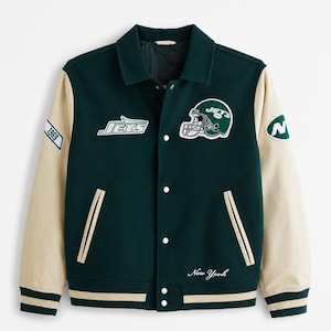 Giacca bomber stile college dei New York Jets con applicazioni ricamate