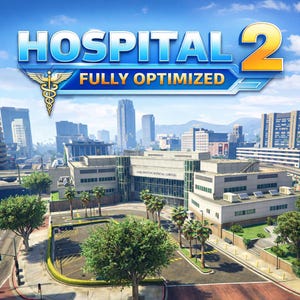 May include: A digital graphic featuring the text HOSPITAL 2 FULLY OPTIMIZED in blue and yellow, with a gold caduceus symbol. Below, a high-angle view of a multi-story medical center building with a parking lot, palm trees, and a city skyline.