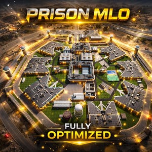 Puede incluir: Una vista aérea de un complejo penitenciario con múltiples edificios, torres de vigilancia y una valla perimetral, con el texto PRISON MLO y FULLY OPTIMIZED en letras doradas. La instalación está iluminada por efectos de luz dorada.