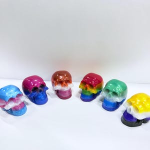 May include: Six small, glossy, skull-shaped figurines arranged in a semi-circle. Each skull features a unique colour combination, including blue and pink, purple and blue, orange and white, rainbow, green and blue, and yellow, white, and black.
