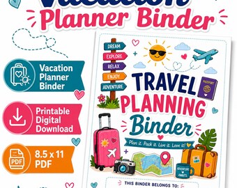 Carpeta imprimible para planificar vacaciones, lista de verificación de viaje, lista de equipaje, planificador de viajes, juegos para viajes por carretera, descarga digital en PDF.