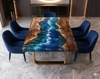 Ocean Epoxy River Dining Table | Live Edge Walnut Wood, Luxury Resin Furniture