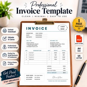 May include: A professional invoice template on a clipboard with a black pen. The document features sections for invoice number, dates, client and company details, a service table, subtotal, discount, tax, and total amount. Text includes Professional Invoice Template.