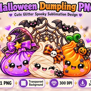 Peut inclure: Un graphique numérique représentant trois raviolis de dessin animé avec des visages. Un est violet avec un chapeau de sorcière, un est blanc enveloppé comme une momie, et un est orange avec un nœud citrouille. Texte : Halloween Dumpling PNG.