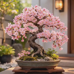 以下が含まれることがあります： 太く質感のある茶色の幹と、繊細な淡いピンク色の桜の花が多数咲く盆栽。木は緑の苔、小さな小石、そして一つの灰色の石で満たされた、浅い楕円形の陶器の鉢に植えられています。
