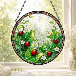 Ladybug Garden Stained Glass Style Suncatcher, UV Printed Round Window Hanging Decor, ladybug gift