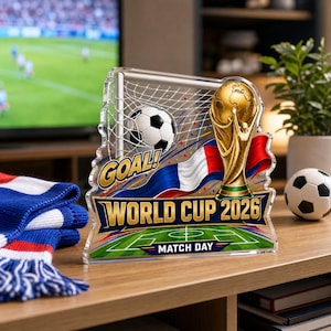 May include: A clear acrylic plaque featuring a soccer goal, a black and white soccer ball, a gold trophy, and a French flag. The text reads GOAL!, WORLD CUP 2026, and MATCH DAY. The design includes a green soccer field graphic at the base.