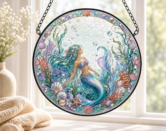 Zeemeermin glas-in-lood stijl suncatcher, UV-geprint rond raam hangend decor, zeemeermin cadeau