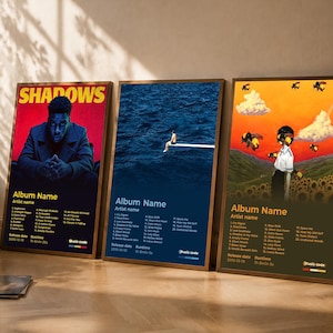 Puede incluir: Tres pósteres rectangulares con portadas de álbumes y listas de canciones. El póster izquierdo muestra a una persona con abrigo oscuro y el título SHADOWS. El póster central muestra a una persona en un trampolín sobre agua azul. El póster derecho muestra a una persona en un campo de girasoles con abejas.