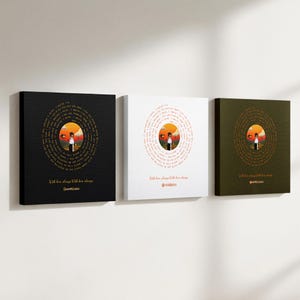 May include: Three square canvas wall art prints featuring a central circular graphic of a person in a landscape. The text "With love, always" is printed below the circle, along with a Spotify code. The backgrounds are black, white, and olive green.