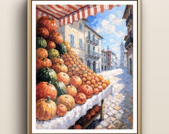 Kürbismarkt-Kunstdruck | Italienische Piazza-Wandkunst