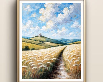 Impressão de um campo de trigo toscano | Arte de parede com capela no campo