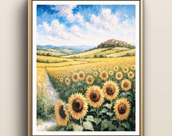 Impressão de um campo de girassóis na Toscana | Arte de parede para o verão na Itália