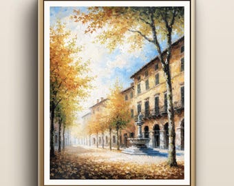 Piazza-Kunstdruck mit Herbstblättern | Italienische Herbstwandkunst