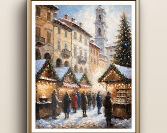Weihnachtsmarkt-Kunstdruck | Italienische Piazza-Wandkunst