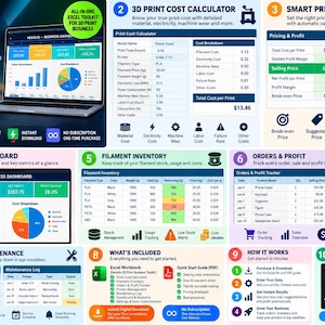 3D Print Cost Calculator Excel | Pricing, Filament Inventory & Profit Tracker
