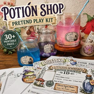 May include: A Potion Shop pretend play kit featuring three glass jars filled with blue, purple, and pink liquids, each with a label. Includes printed paper sheets with a Potion Maker's ID, a loyalty punch card, and a 30+ printable pages badge.