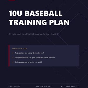 May include: A dark blue digital document titled 10U BASEBALL TRAINING PLAN by FIRST WHISTLE SPORTS. It outlines an eight-week development programme for ages 9 and 10, featuring two 40-minute sessions per week, drill cues, and skills assessments.