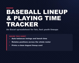 Baseball Lineup and Equal Playing Time Tracker, Excel Spreadsheet for Youth Coaches (Digital Download)