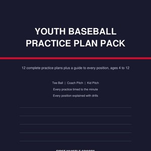 以下が含まれることがあります： YOUTH BASEBALL PRACTICE PLAN PACKと題された濃紺の文書で、赤い水平線が入っています。4歳から12歳向けの12の練習プランが含まれており、ティーボール、コーチピッチ、キッドピッチを網羅し、FIRST WHISTLE SPORTSによる時間管理されたドリルとポジションガイドが記載されています。