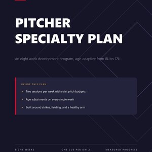 Puede incluir: Un folleto informativo azul marino oscuro titulado Pitcher Specialty Plan de First Whistle Sports. Describe un programa de desarrollo de ocho semanas para edades de 8U a 12U, con dos sesiones semanales, límites de lanzamientos y enfoque en strikes.
