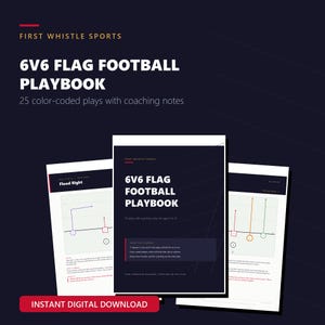 May include: A 6v6 flag football playbook by First Whistle Sports featuring 25 colour-coded plays with coaching notes. The digital document includes diagrams with lines and shapes, text instructions, and a dark blue background with white and red accents.