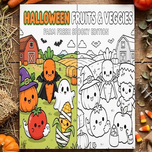 Puede incluir: Un libro para colorear titulado HALLOWEEN FRUITS & VEGGIES FARM FRESH SPOOKY EDITION. La portada presenta un diseño dividido con una ilustración colorida a la izquierda y una versión en blanco y negro a la derecha, mostrando vegetales.