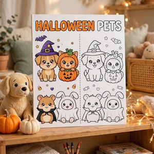 Puede incluir: Un libro de colorear rectangular titulado HALLOWEEN PETS que presenta ilustraciones coloridas de un cachorro con sombrero de bruja, un gatito en una calabaza, un hámster con capa y un conejo con disfraz de fantasma, junto a versiones en blanco y negro.