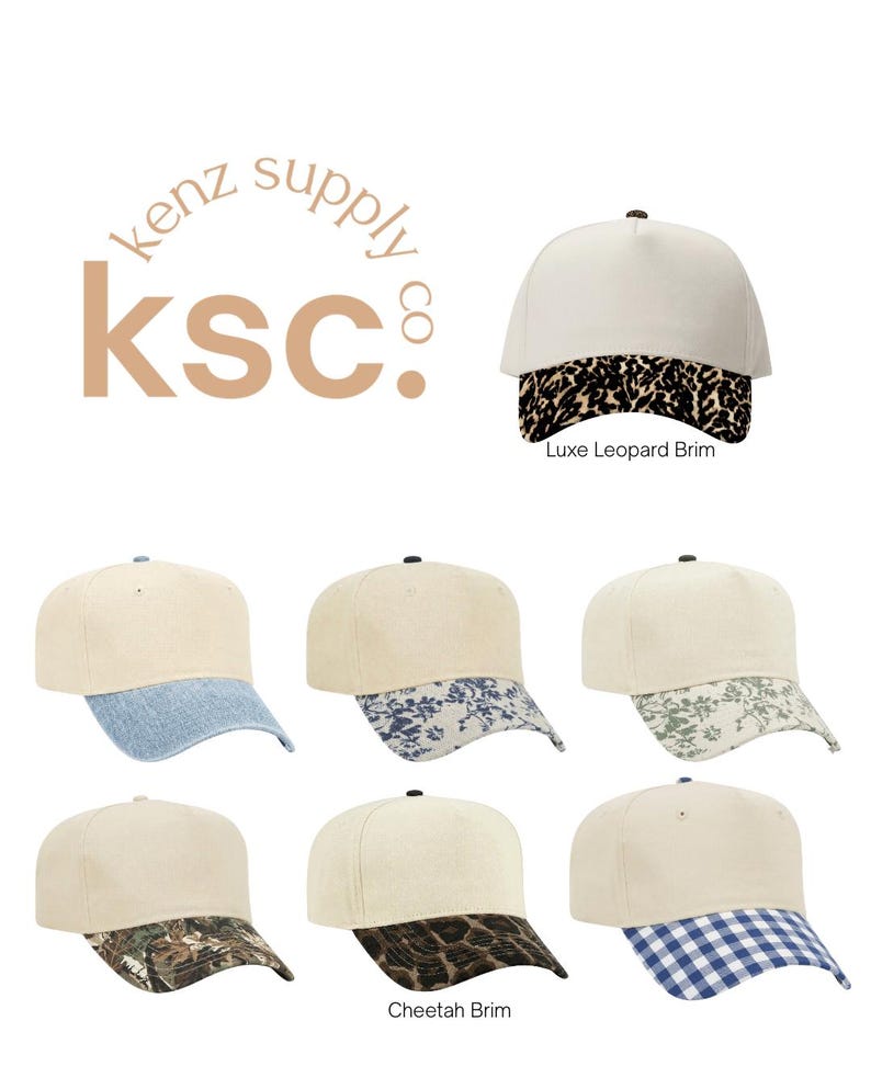 May include: A collection of seven baseball caps with cream-colored crowns and varied brims, including leopard print, blue denim, blue floral, green floral, camouflage, cheetah print, and blue gingham patterns, with the text kenz supply co ksc.