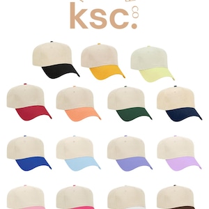 May include: A collection of sixteen baseball caps arranged in a grid, each featuring a cream-colored crown and a solid-colored brim in various shades including black, yellow, lime, red, orange, green, navy, blue, light blue, purple, lavender, pink, hot pink, white, and brown, with the text kenz supply co ksc at the top.