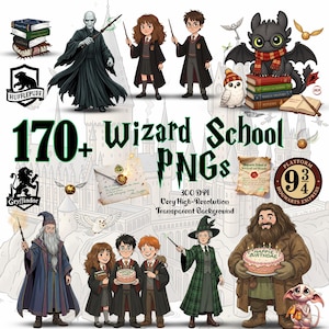 Op de afbeelding: Een digitale collectie van 170+ Wizard School PNGs met geïllustreerde personages zoals Harry, Hermione, Ron, Dumbledore, Hagrid en Voldemort, naast magische voorwerpen, huiswapens en de tekst 170+ Wizard School PNGs.