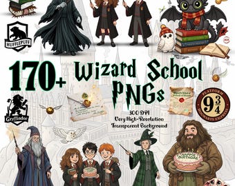 Trollkarlsskola PNG, hp magiska bokliga trollstavar, trollkarlshus, 170+ anpassade universella PNG:er, häxkonstgåvor, trollboksclipart, bästsäljande PNG