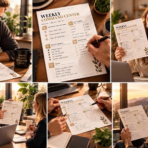 May include: A white paper weekly command center planner featuring gold-toned headers and botanical leaf illustrations. The document includes sections for weekly goals, key metrics, priorities, and notes, with printed text reading Weekly Command Center.