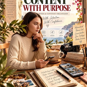 May include: A content planner and organizer titled Content With Purpose, featuring a spiral-bound notebook, a smartphone displaying a photo grid, a camera, a ceramic mug, and a pen on a wooden desk, with text overlays including Calm Inside Studio.
