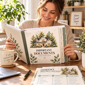 May include: A white three-ring binder labeled Important Documents Organizer with a house illustration, featuring tabbed dividers for identification, insurance, property, financial, medical, and other records, plus an emergency document checklist.
