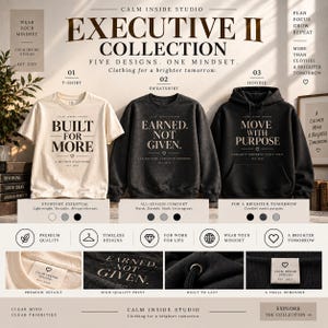 Puede incluir: Una colección de ropa que incluye una camiseta color crema con el texto 'BUILT FOR MORE', una sudadera gris carbón con 'EARNED. NOT GIVEN.' y una sudadera negra con capucha con 'MOVE WITH PURPOSE'. Incluye detalles de etiquetas y estampados.