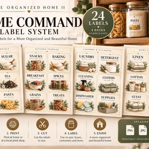 Puede incluir: Un conjunto de 24 etiquetas imprimibles para la organización del hogar en cuatro páginas, con categorías como Pantry Essentials, Kitchen Storage, Laundry & Cleaning y Home Storage. Cada etiqueta incluye texto y una ilustración botánica.
