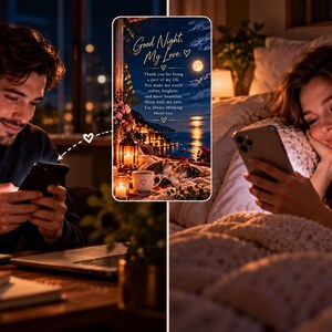 Peut inclure: Une carte de vœux numérique illustrant une scène nocturne avec une pleine lune au-dessus de l'océan, une lanterne et un chat. Le texte indique : Good Night, My Love. Thank you for being a part of my life. You make my world softer, brighter.
