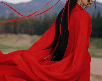 Czerwona, luźna sukienka hanfu, szyfon, szata w stylu vintage zen, kostium cosplay wróżki