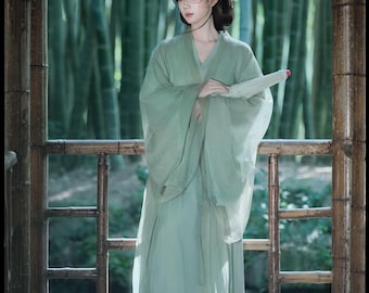 Zielona szyfonowa sukienka Hanfu w stylu dynastii Jin, strój do fotografii cosplay wróżki