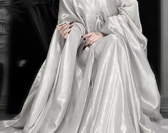 Srebrny komplet Hanfu w blasku księżyca, zwiewna sukienka wróżki z satyny Tencel, kostium do fotografii fantasy