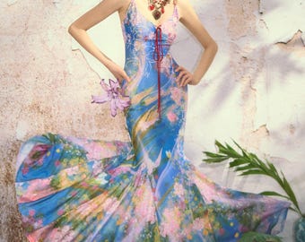 Artystyczna sukienka syrena z akwarelowymi kwiatami, niebieska, długa suknia w stylu chińskim qipao