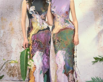 Elegancka sukienka bez rękawów qipao, drukowany szyfon cheongsam, dopasowana sukienka maxi, chińska orientalna suknia koktajlowa