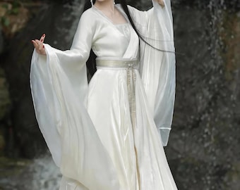 Biała sukienka Hanfu dla kobiet, suknia ślubna w stylu wróżki, z szerokimi rękawami i orientalnym paskiem cosplay