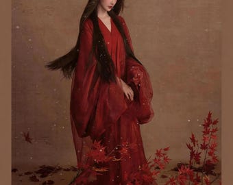 Czerwona szyfonowa sukienka hanfu, styl vintage w stylu wuxia fairy, zwiewna orientalna szata
